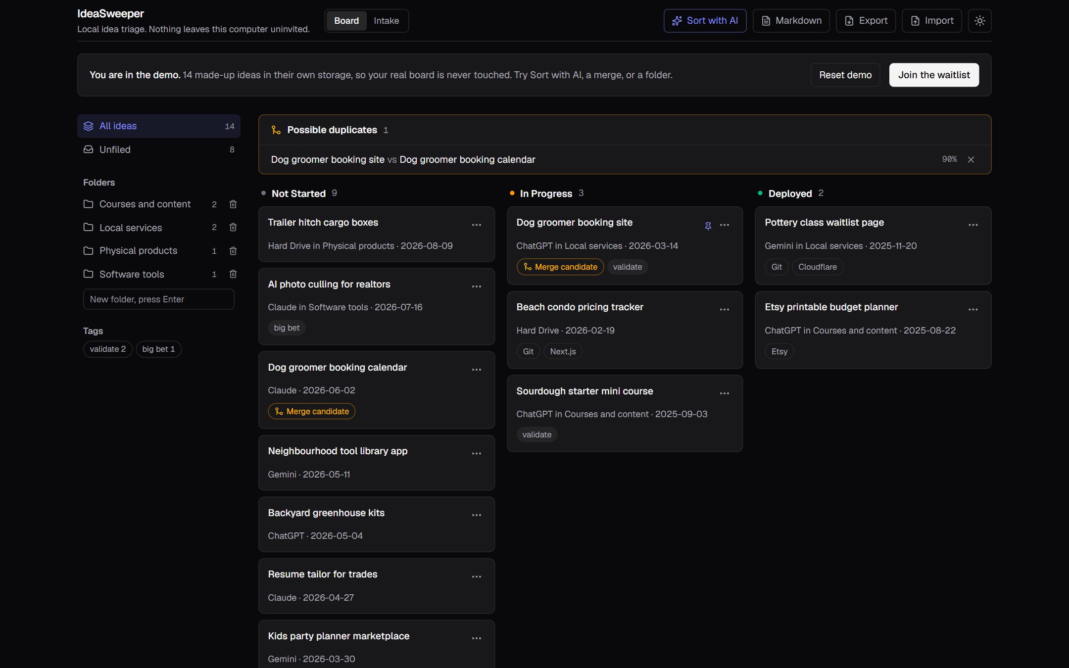 The same demo board in dark mode.