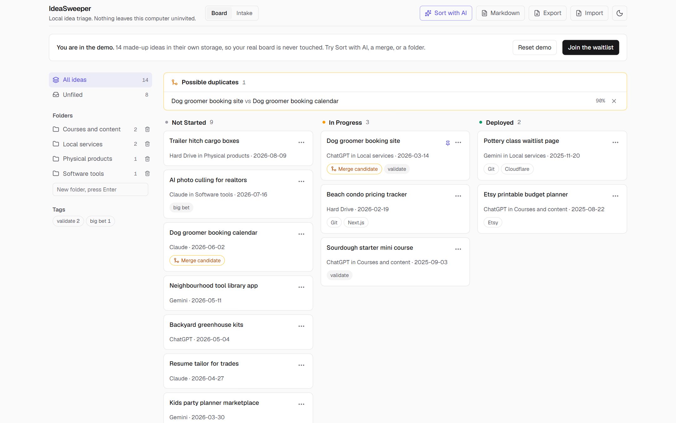 The demo board: idea cards in Not Started, In Progress and Deployed columns, a folder sidebar, and a possible duplicate flagged at the top.